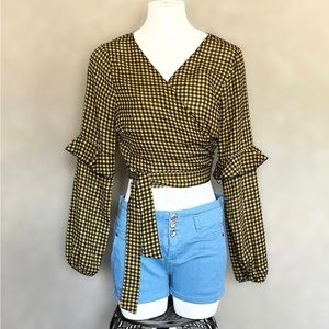 Le Lis Black Yellow Checkered Large Ruffle Long Sleeve Top